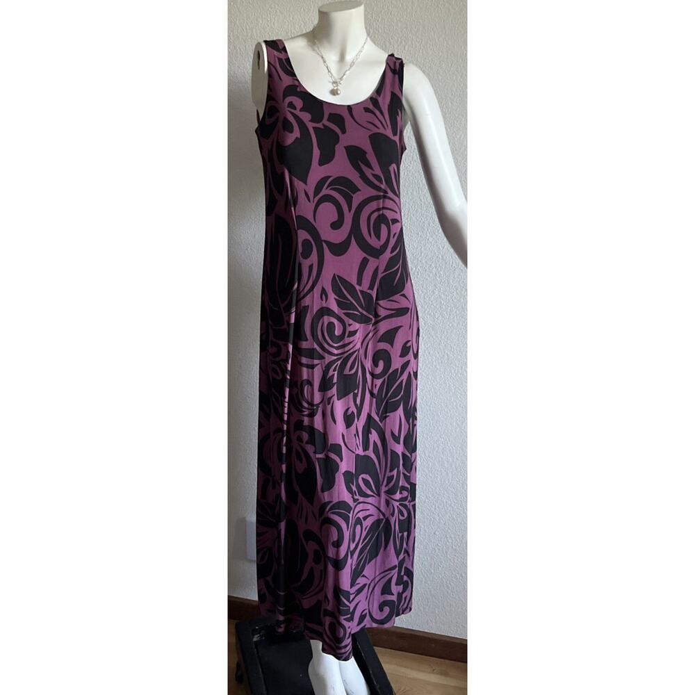 Iolani Hawaii Dress Small Grape Purple Black Tropical Maxi Midi Sleeveless